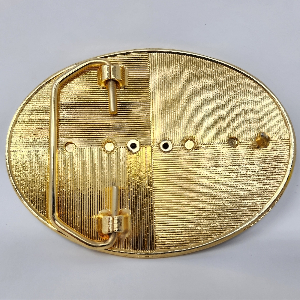 Western Style Polished Stone And Gold Tone Floral Embossed Belt Buckle - Picture 5 of 5